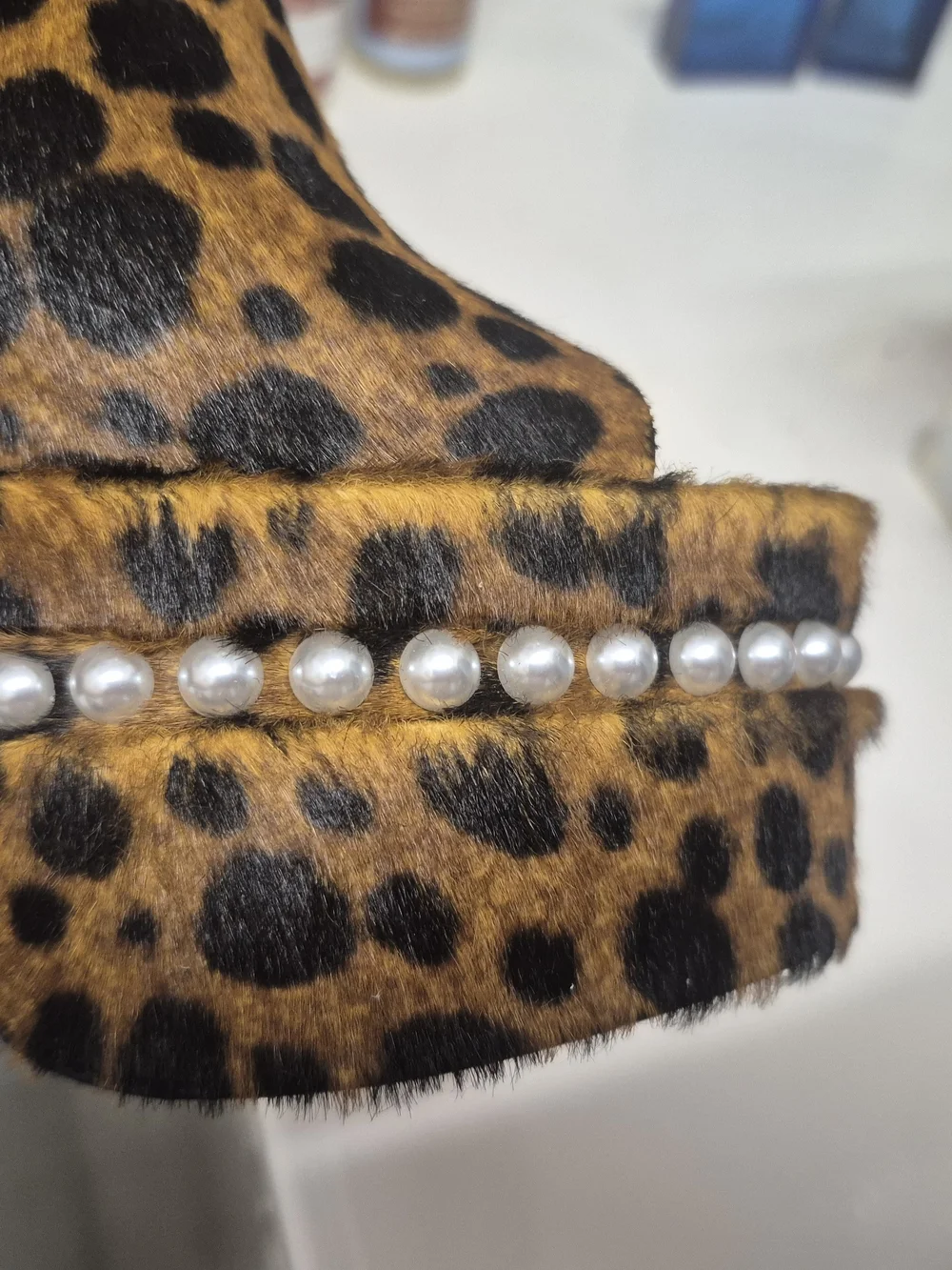 Nwt, Never Worn Stuart Weitzman Leopard Print Platform Pearl Trim Calfskin Slide